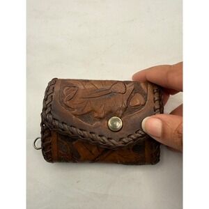 Vintage Leather Hand Carved Deer Forest Scene Key Holder Wallet Coin Pouch